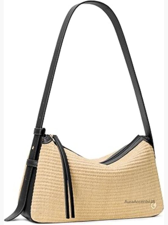 Handbags - Woven Straw Hobo Shoulder Bag with Adjustable Strap